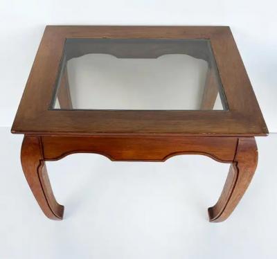Vintage Asian Inspired Wood Side Tables with inset Beveled Glass Tops