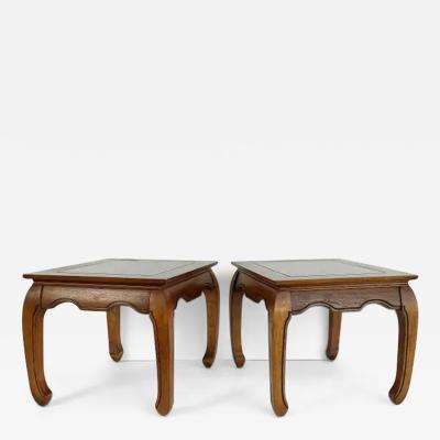 Vintage Asian Inspired Wood Side Tables with inset Beveled Glass Tops