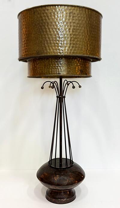 Vintage Atomic Age Inspired Table Lamps Hammered Shade in Brass Pair