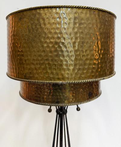 Vintage Atomic Age Inspired Table Lamps Hammered Shade in Brass Pair