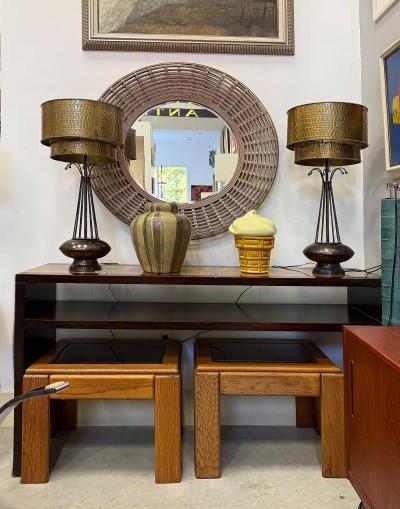 Vintage Atomic Age Inspired Table Lamps Hammered Shade in Brass Pair