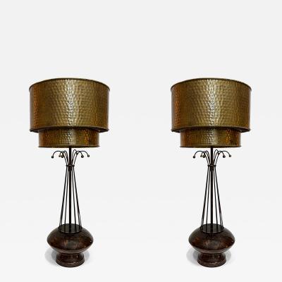 Vintage Atomic Age Inspired Table Lamps Hammered Shade in Brass Pair