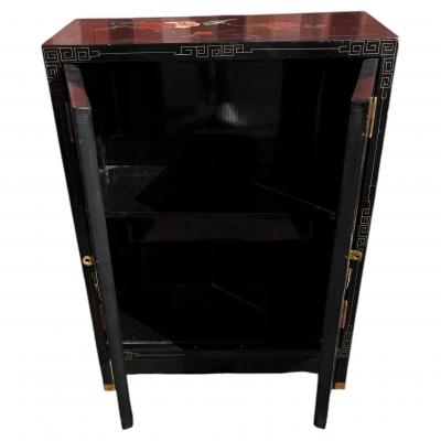 Vintage Black Lacquer Chinoiserie Painted Cabinet with Greek Key Accents