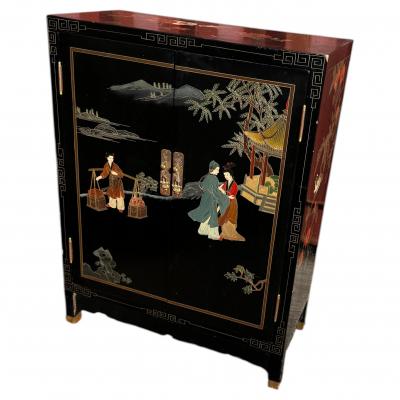Vintage Black Lacquer Chinoiserie Painted Cabinet with Greek Key Accents