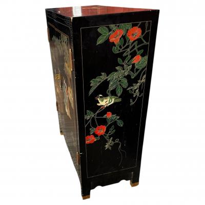 Vintage Black Lacquer Chinoiserie Painted Cabinet with Greek Key Accents