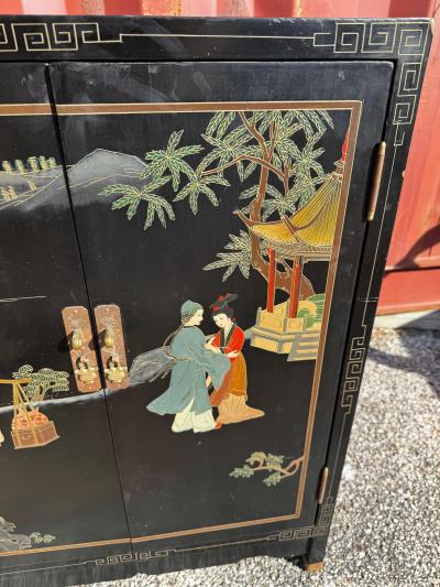 Vintage Black Lacquer Chinoiserie Painted Cabinet with Greek Key Accents