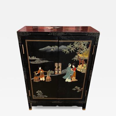 Vintage Black Lacquer Chinoiserie Painted Cabinet with Greek Key Accents