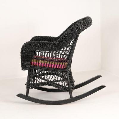 Vintage Black Wicker Rocking Chair with Colourful Cushion