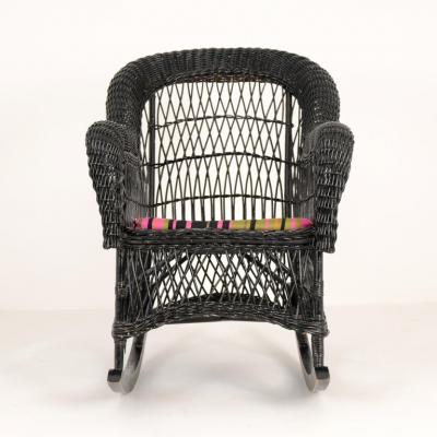 Vintage Black Wicker Rocking Chair with Colourful Cushion