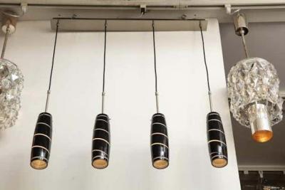 Vintage Black and White Murano Glass Four Pendant Light