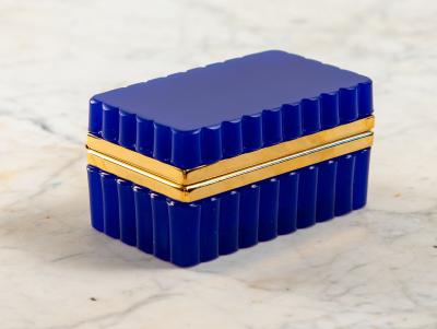 Vintage Blue Opaline Scalloped Glass Box with Brass Mounts France 20th C 