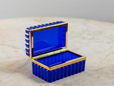 Vintage Blue Opaline Scalloped Glass Box with Brass Mounts France 20th C 