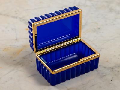 Vintage Blue Opaline Scalloped Glass Box with Brass Mounts France 20th C 
