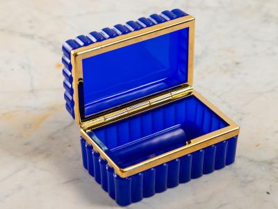 Vintage Blue Opaline Scalloped Glass Box with Brass Mounts France 20th C 
