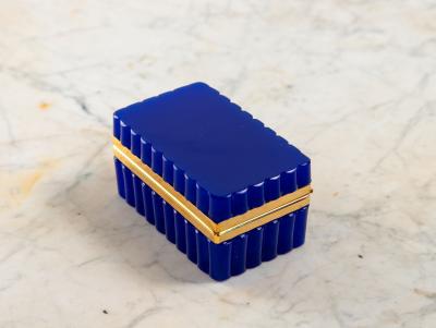Vintage Blue Opaline Scalloped Glass Box with Brass Mounts France 20th C 