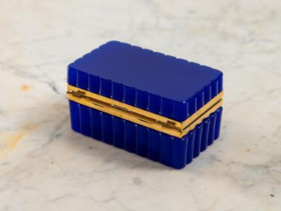 Vintage Blue Opaline Scalloped Glass Box with Brass Mounts France 20th C 