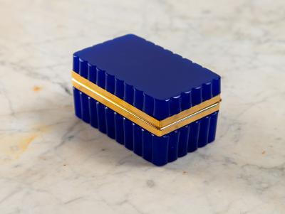 Vintage Blue Opaline Scalloped Glass Box with Brass Mounts France 20th C 