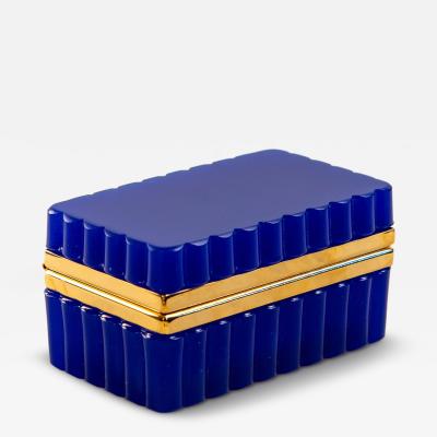 Vintage Blue Opaline Scalloped Glass Box with Brass Mounts France 20th C 