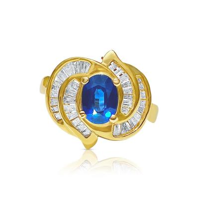 Vintage Blue Sapphire and Baguette Cut Diamond Cocktail 14k Gold Ring