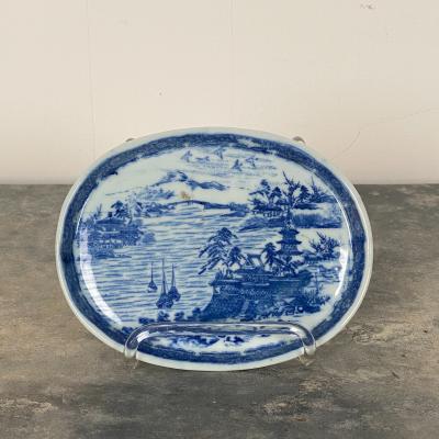 Vintage Blue and White Oval Dish Circa 1980