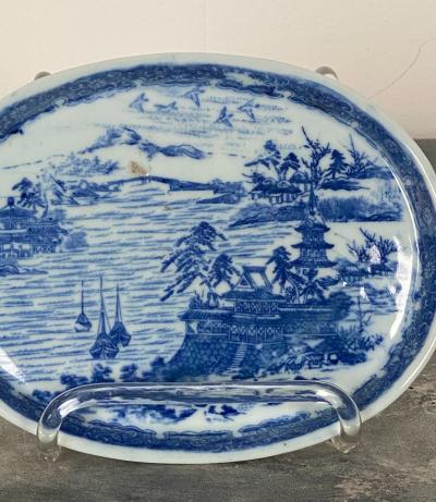 Vintage Blue and White Oval Dish Circa 1980