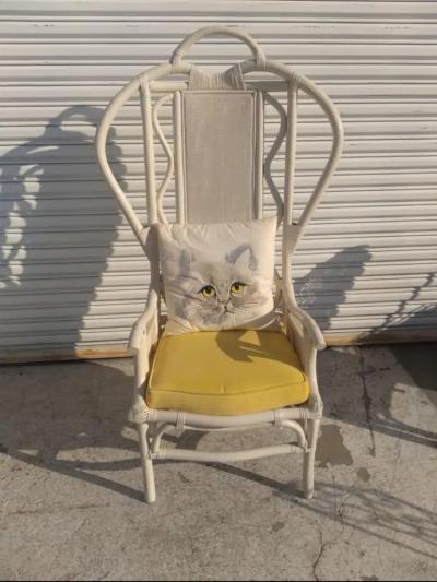 Vintage Boho Chic White Wicker High back Armchair with Cushion