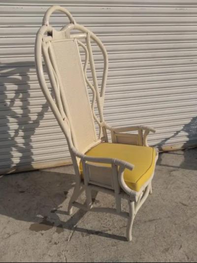Vintage Boho Chic White Wicker High back Armchair with Cushion