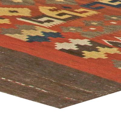Vintage Bold Yellow Gray Blue and Red Hand Knotted Wool Kilim Rug
