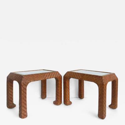 Vintage Braided Woven Leather Side Tables Inset Glass Tops