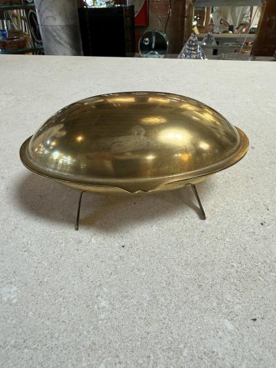 Vintage Brass Clamshell Covered Dish on Stand