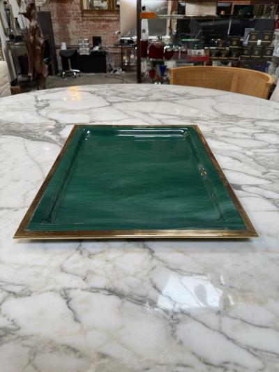Vintage Brass Emerald Green Lacquer Serving Tray