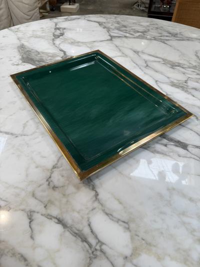 Vintage Brass Emerald Green Lacquer Serving Tray