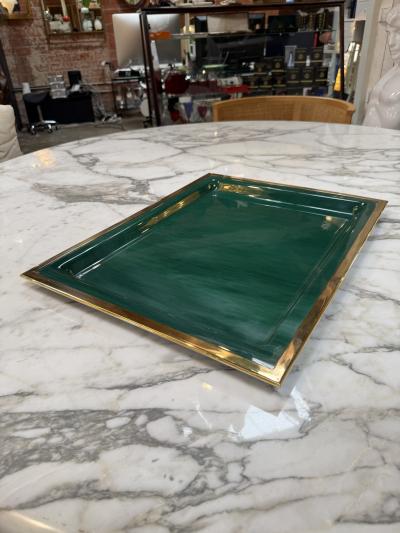 Vintage Brass Emerald Green Lacquer Serving Tray