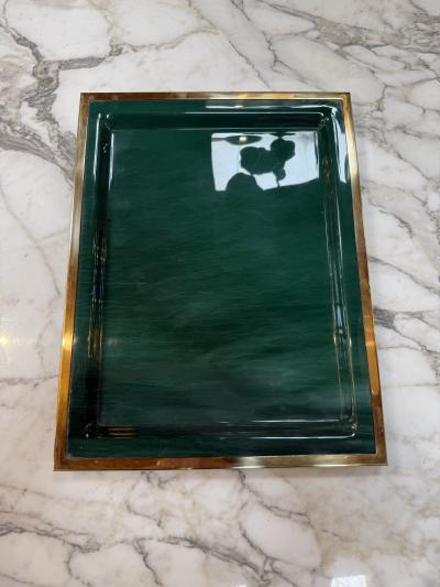Vintage Brass Emerald Green Lacquer Serving Tray