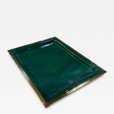 Vintage Brass Emerald Green Lacquer Serving Tray