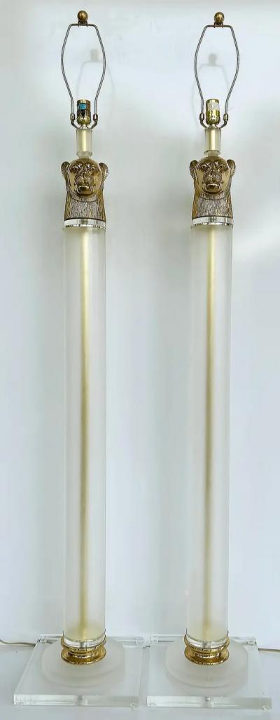 Vintage Brass Panther Head Floor Lamps with Lucite Pair