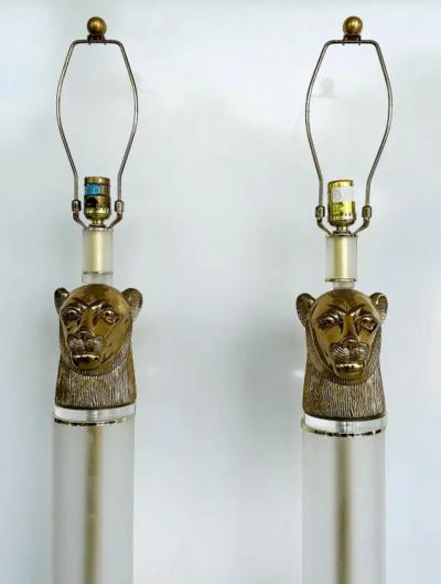 Vintage Brass Panther Head Floor Lamps with Lucite Pair