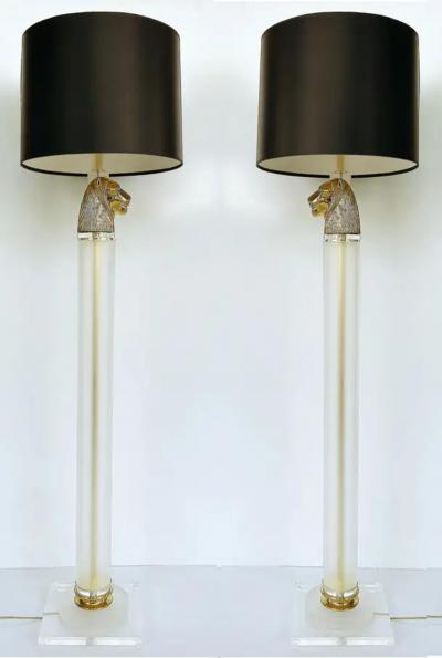 Vintage Brass Panther Head Floor Lamps with Lucite Pair