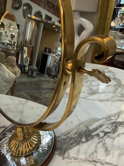 Vintage Brass Vanity Mirror with Etched Glass Base and Wood Trim