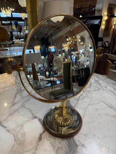 Vintage Brass Vanity Mirror with Etched Glass Base and Wood Trim