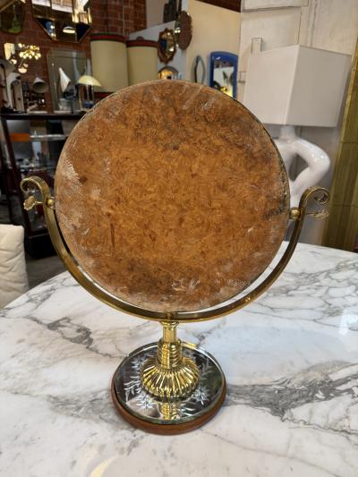 Vintage Brass Vanity Mirror with Etched Glass Base and Wood Trim