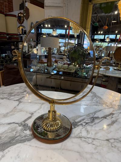 Vintage Brass Vanity Mirror with Etched Glass Base and Wood Trim