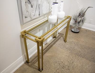 Vintage Brass and Acrylic Console Table with Glass Top 1970 s