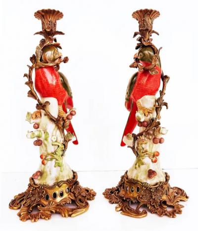 Vintage Bronze Painted Porcelain Exotic Bird Candlesticks Pair