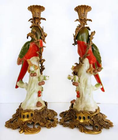 Vintage Bronze Painted Porcelain Exotic Bird Candlesticks Pair
