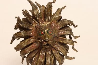 Vintage Brutalist Embossed Brass and Steel Lion Sculpture by Pal Kepenyes