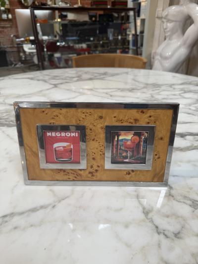 Vintage Burl Wood Chrome Double Photo Frame