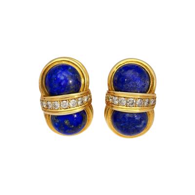 Vintage Cabochon Cut Lapis Lazuli and Diamond 18K Yellow Gold Clip On Earrings