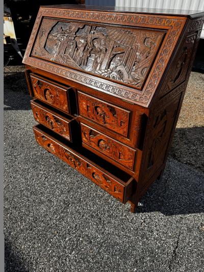 Vintage Carved Asian Drop Front 5 Drawer Secretary