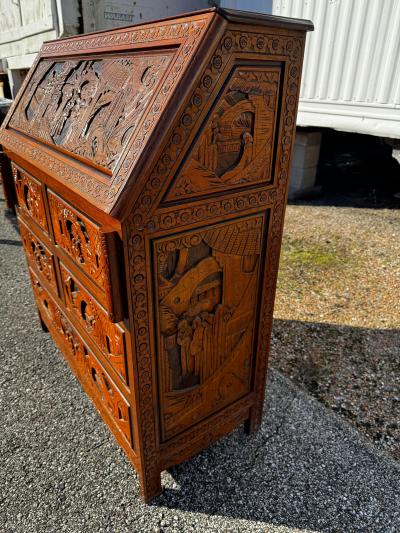 Vintage Carved Asian Drop Front 5 Drawer Secretary